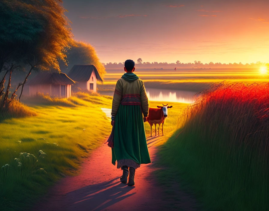 Person in traditional attire walking with dog near water body at sunrise