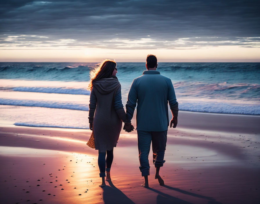 Couple Walking Hand in Hand on Beach at Sunset