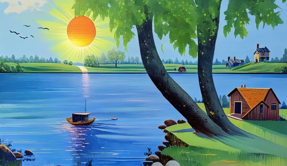 Tranquil landscape painting: glowing sunset, calm lake, silhouetted birds, boat,