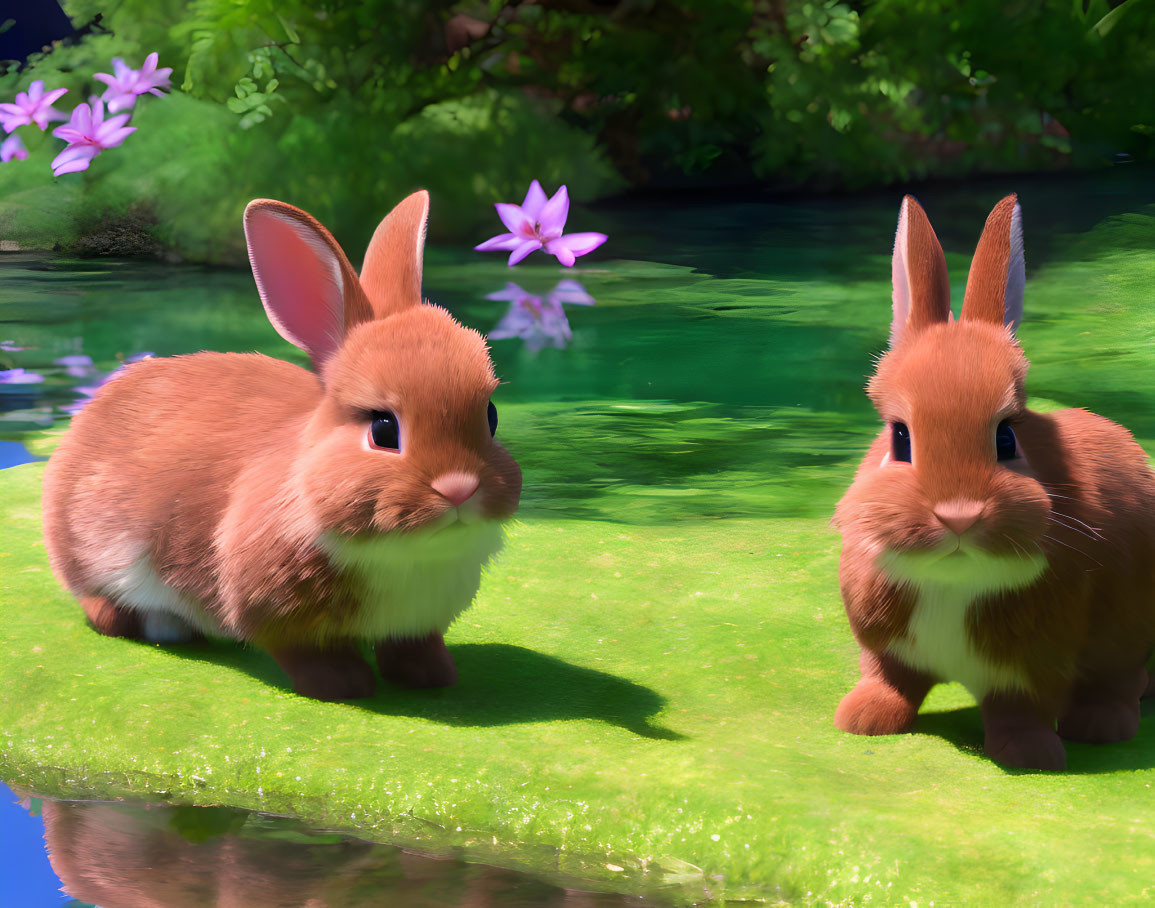 Brown rabbits on green grass near pond with pink water lilies.