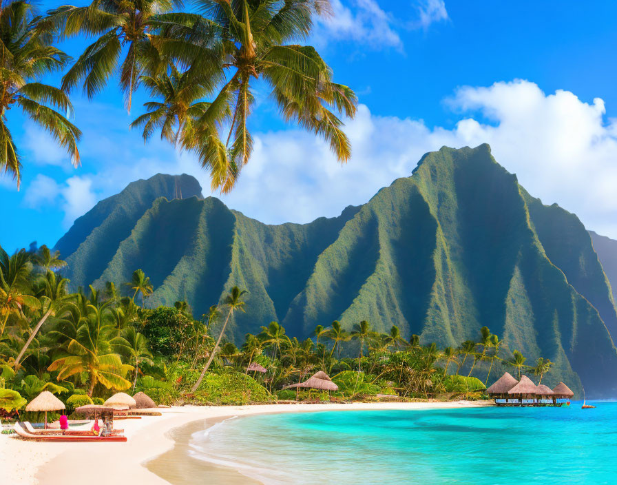 Tropical beach scene with palm trees, umbrellas, sand, and mountains.