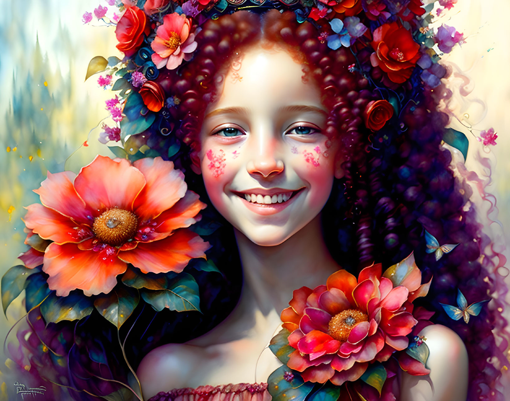 Curly Red-Haired Girl Smiling with Flowers and Butterflies