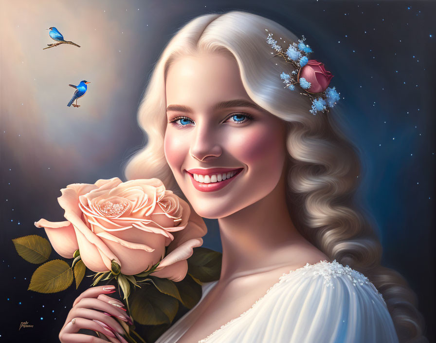 Blond woman with flowers holding pink rose, bluebirds in starry sky