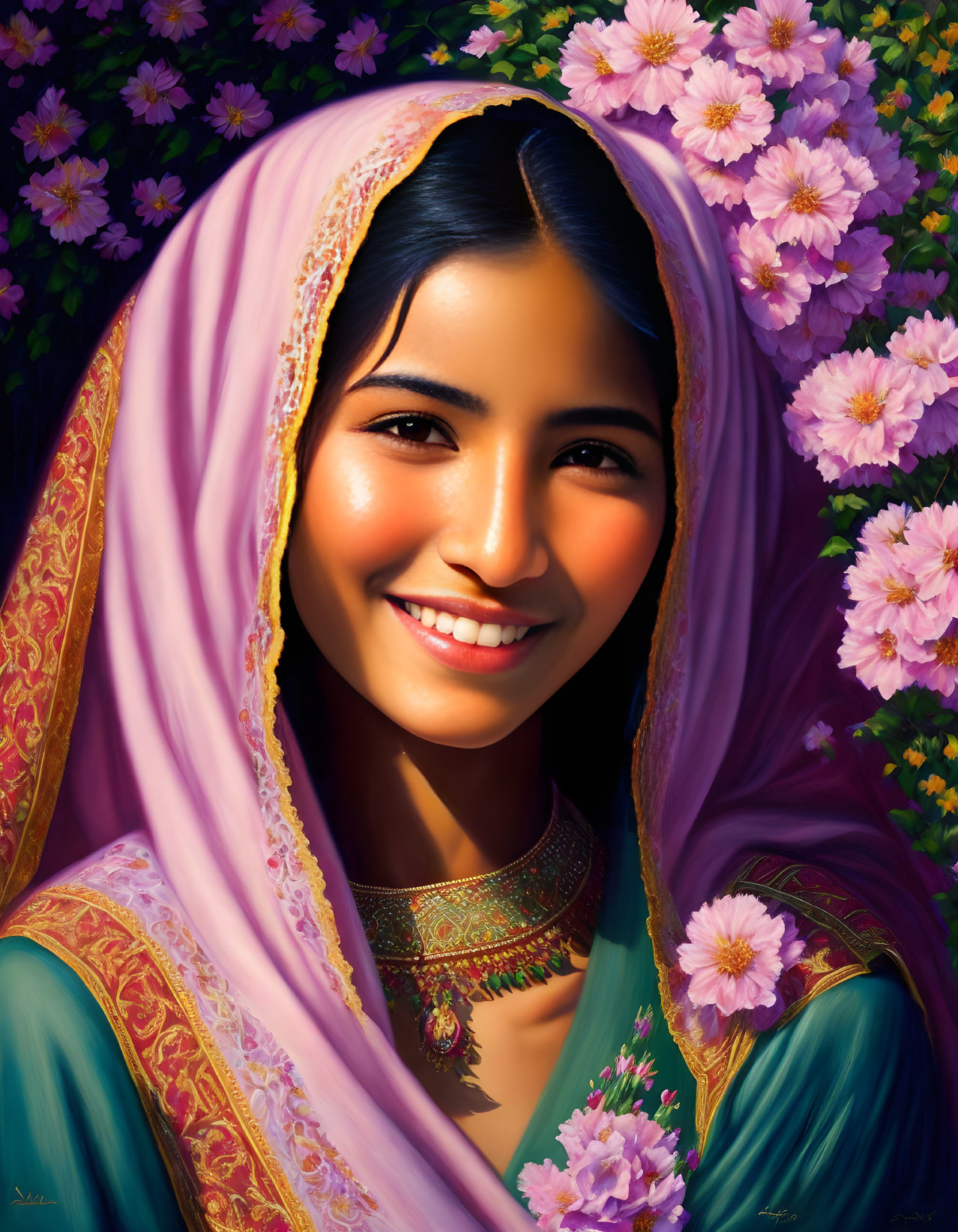 Smiling woman in pink headscarf with flowers around her