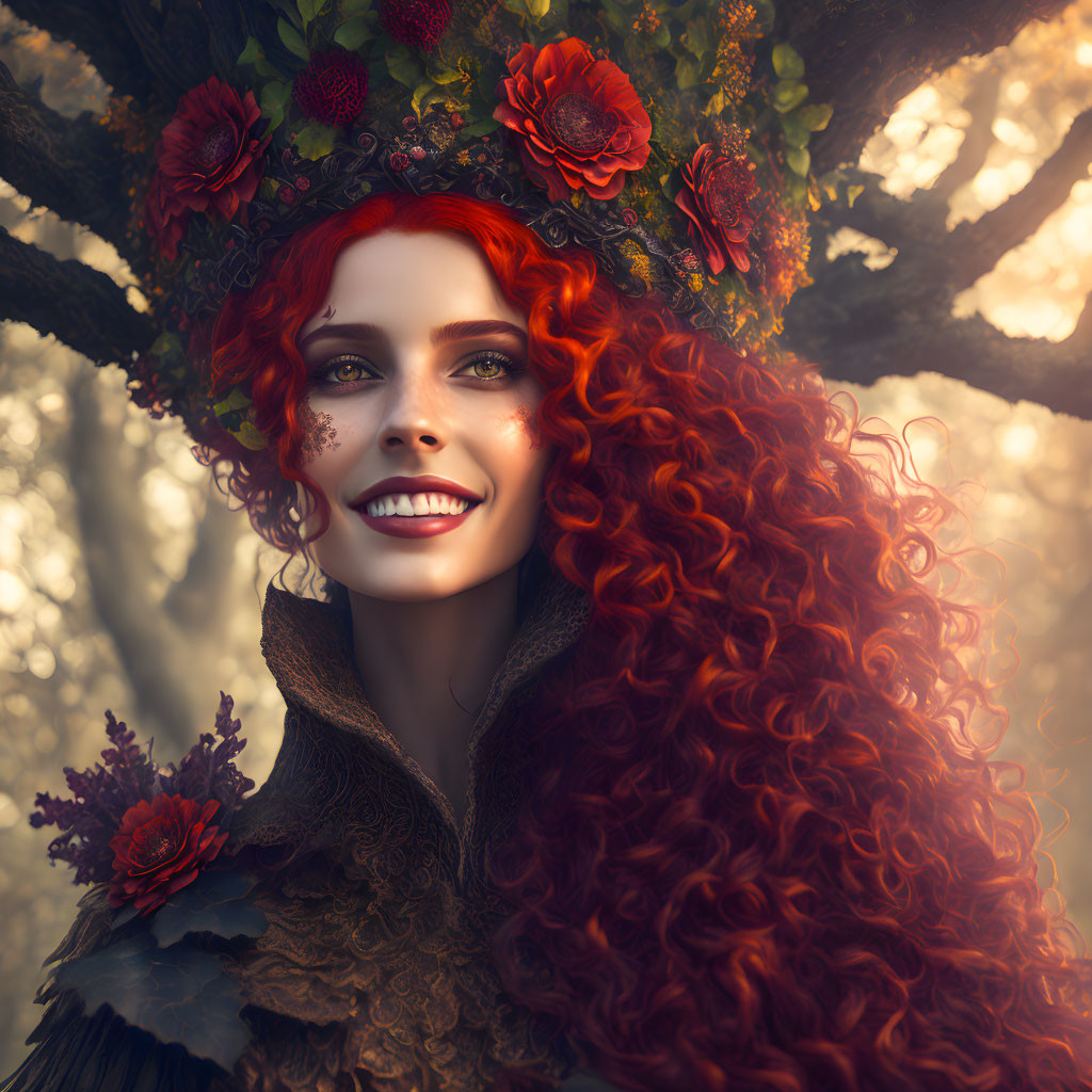 Woman with Vibrant Red Curly Hair and Floral Headdress in Autumn Forest