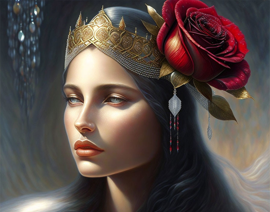 Portrait of woman with fair skin, dark hair, gold crown, red rose, and delicate jewelry