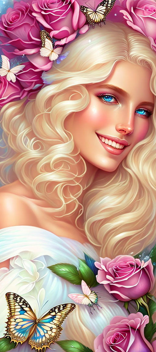 Vivid digital art portrait of a smiling woman with curly blonde hair surrounded by pink roses and butterflies