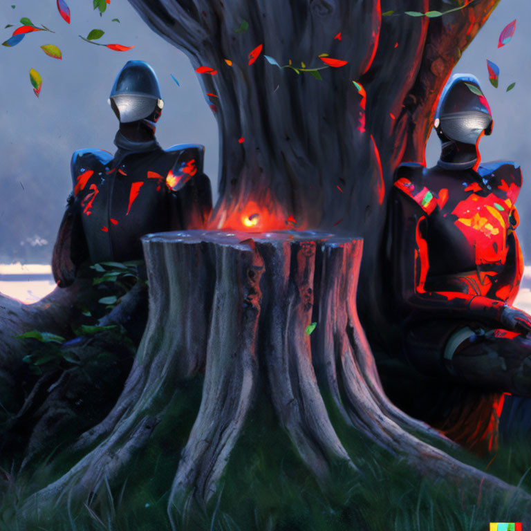 Armored knights and mystical tree with red glowing cracks.