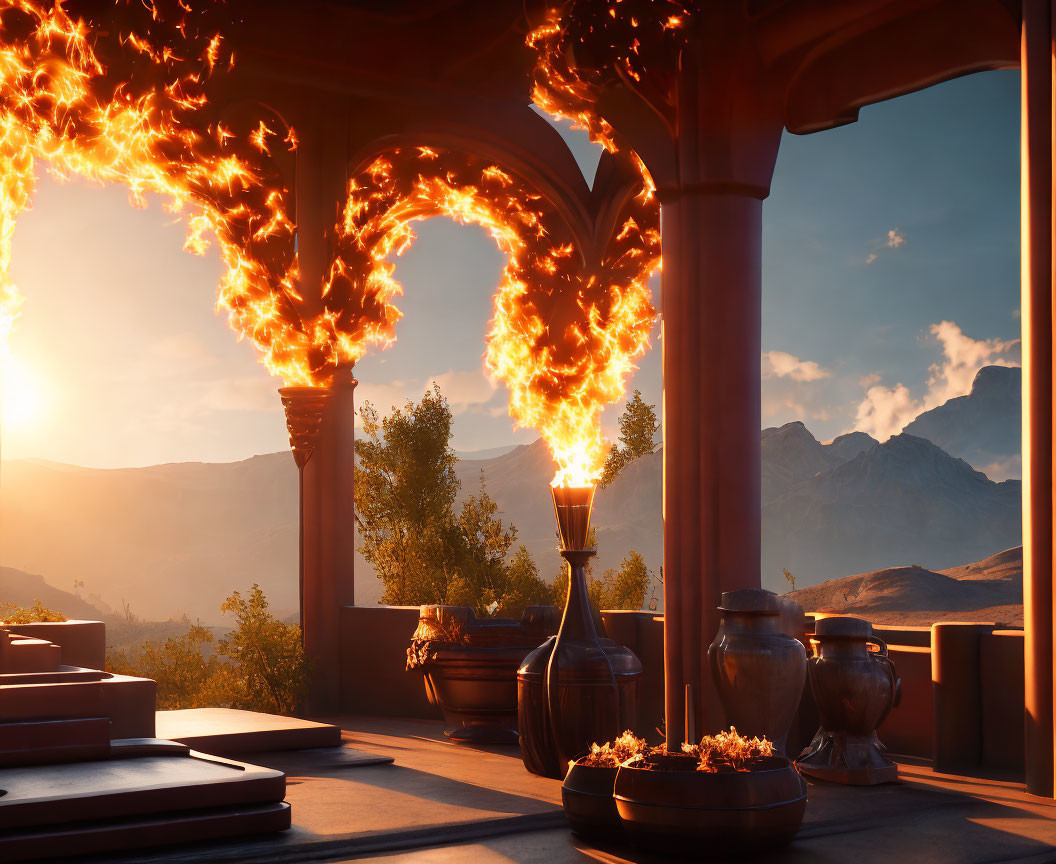 Elegant open-air structure with flaming torches and mountain view at sunset