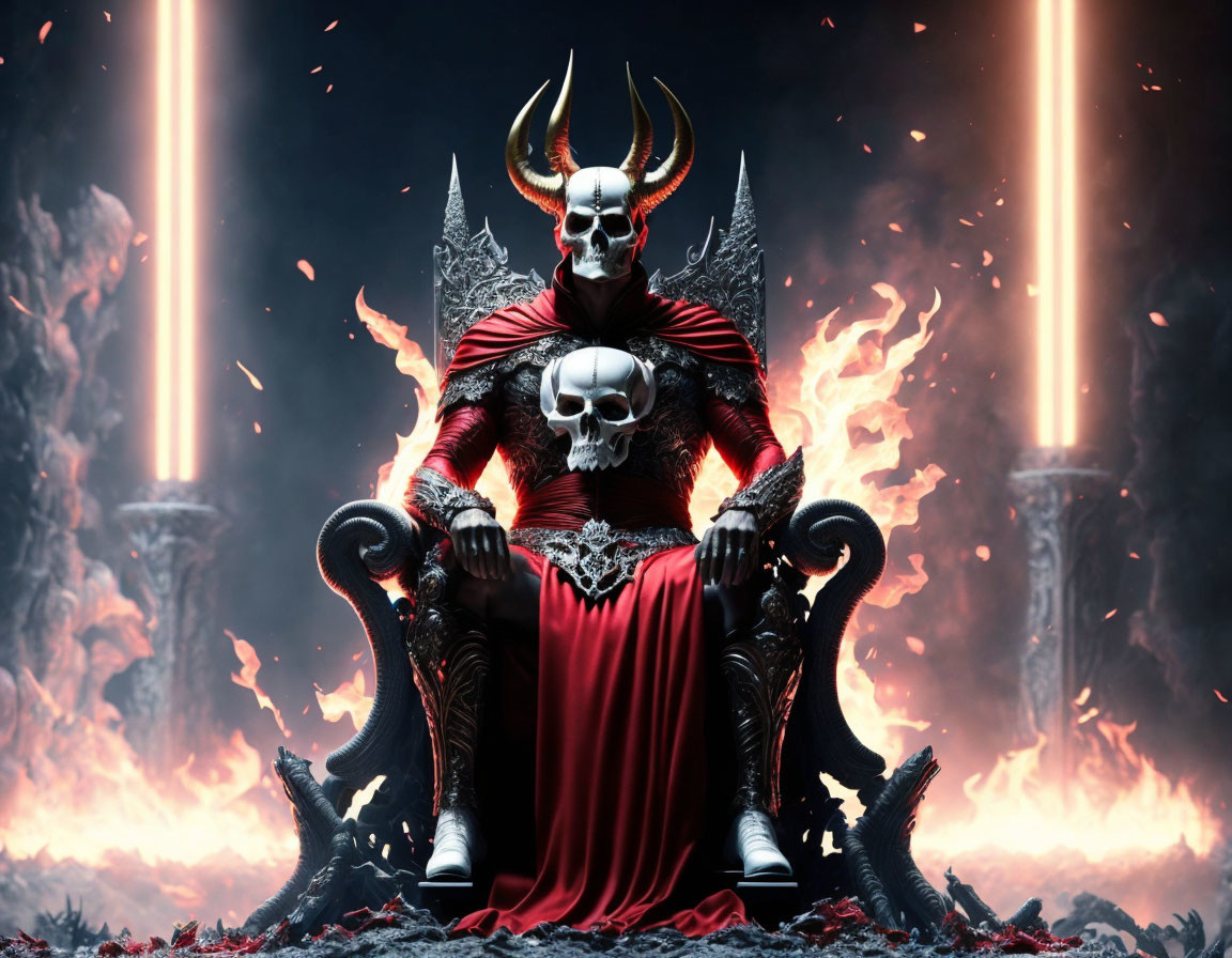 Sinister demon on flaming throne exudes dark power.