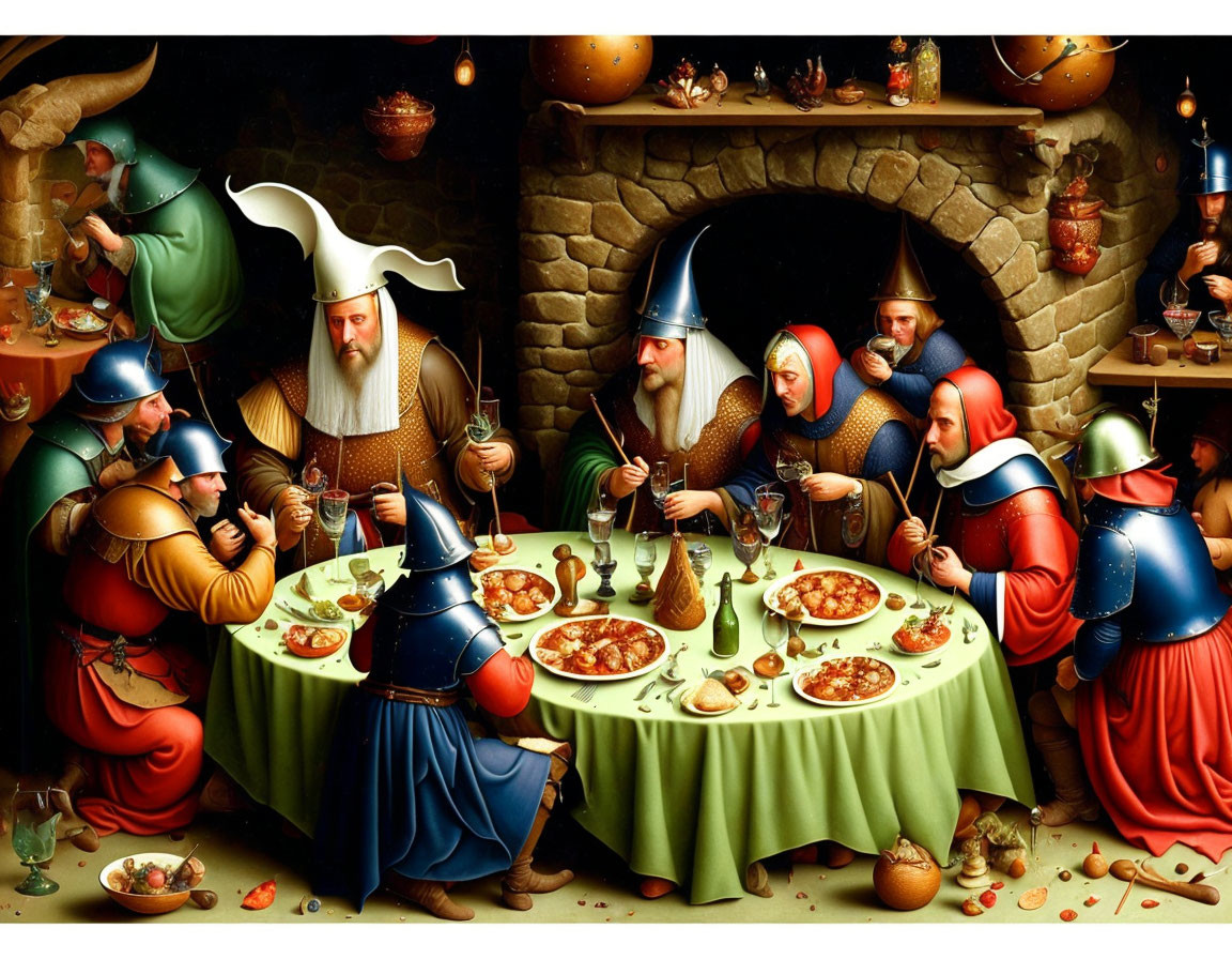 Medieval knights banquet in stone-arched hall