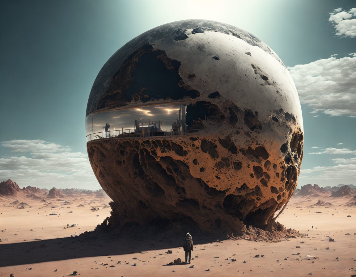 Giant spherical structure in barren desert with approaching figure