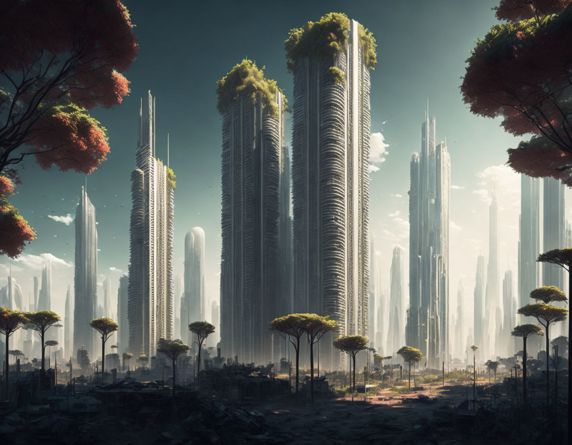 Futuristic cityscape featuring towering greenery-topped skyscrapers under a hazy sky