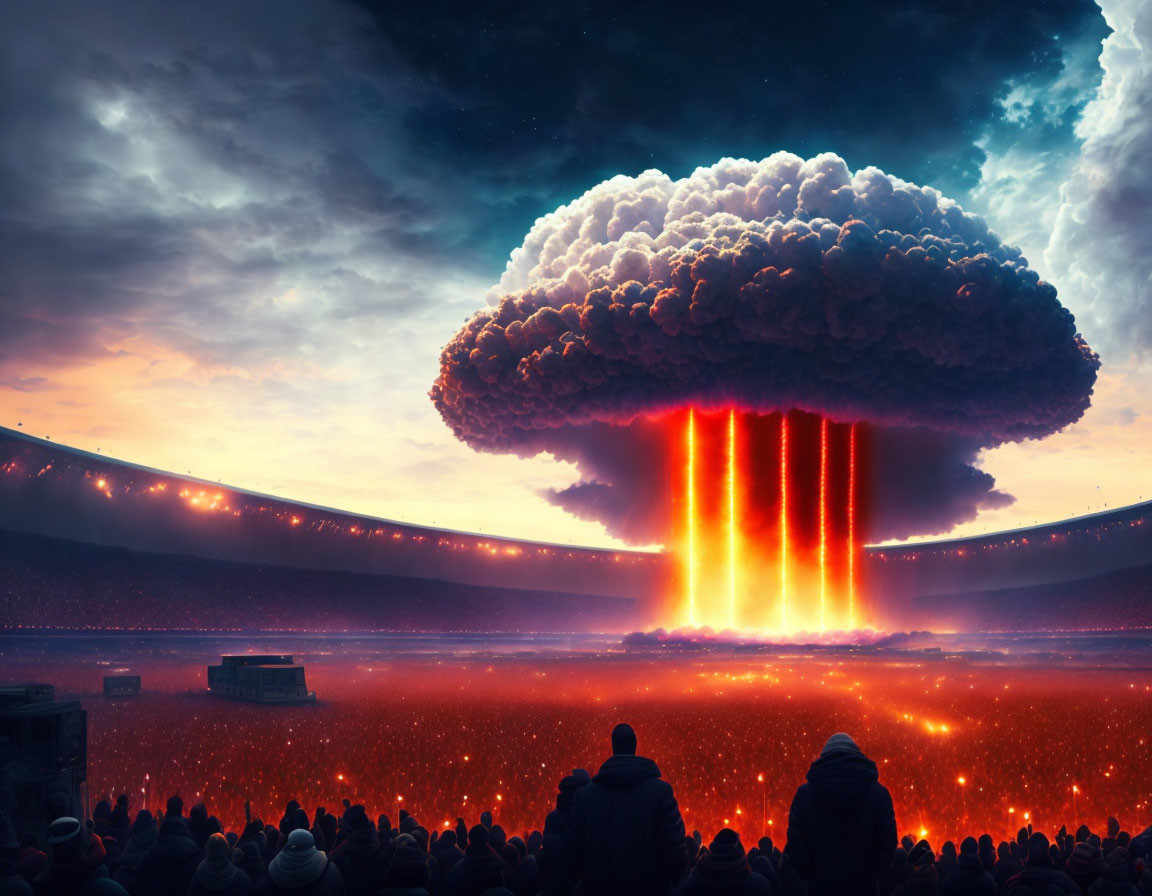 Spectacular mushroom cloud with fiery pillars in stadium setting at dusk