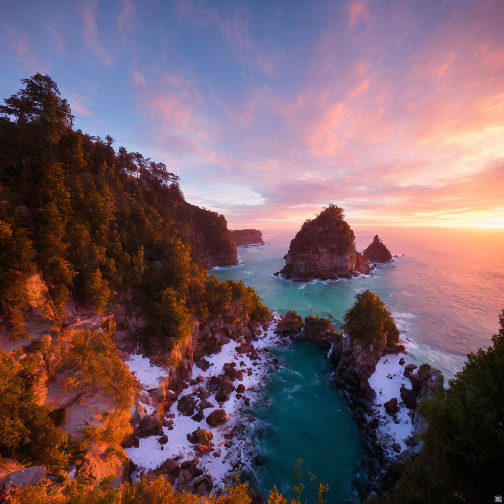 Colorful Coastal Sunset with Forested Cliff and Turquoise Waters