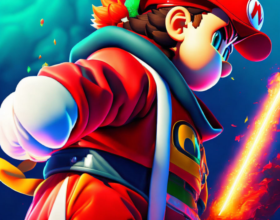 Colorful Mario character in red hat and blue overalls on vibrant background