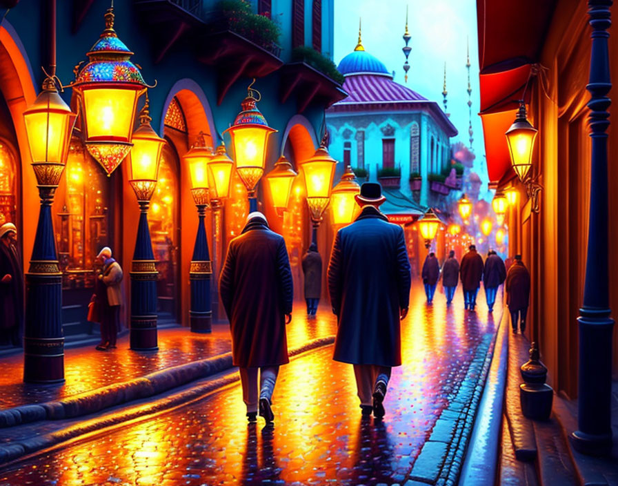 Vibrant street scene at dusk with people, ornate lamps, cobblestone paths, and