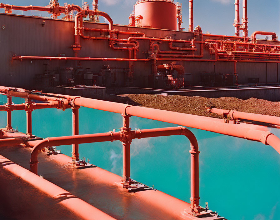 Vibrant red pipes and structures against bright blue sky in industrial setting