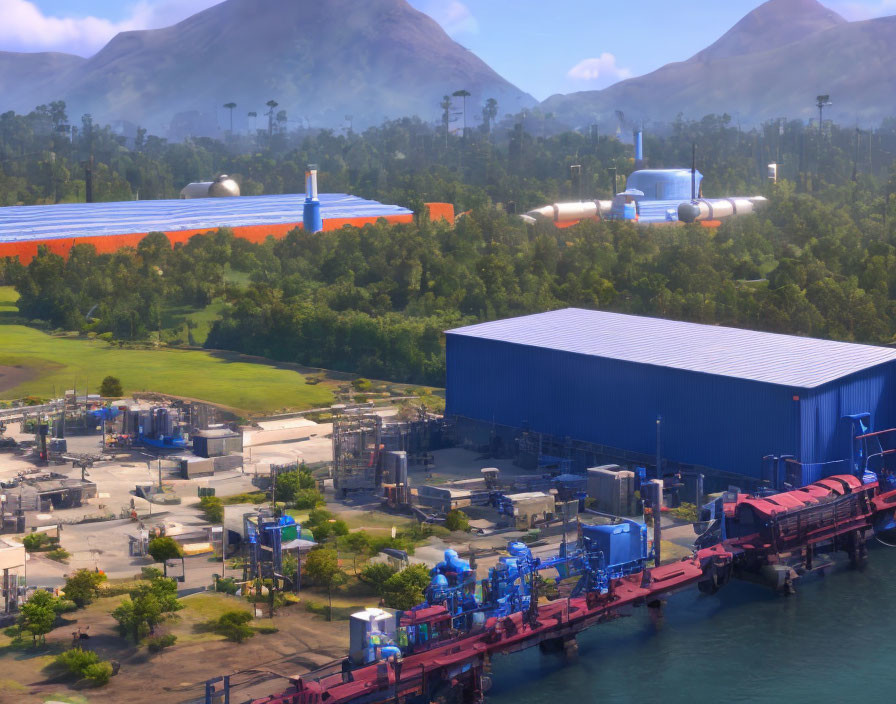 Blue warehouses, silos, and piping in industrial waterfront complex