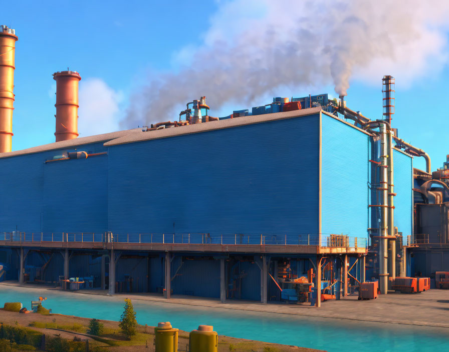 Blue industrial building with smoking chimneys and pipes under clear sky