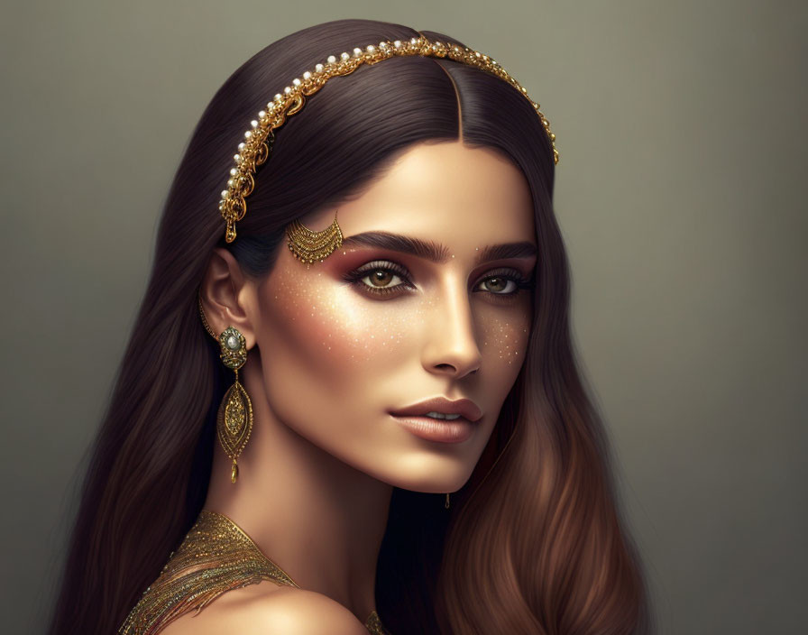 Portrait of woman with shimmering gold makeup, freckles, elaborate jewelry, headpiece, earrings