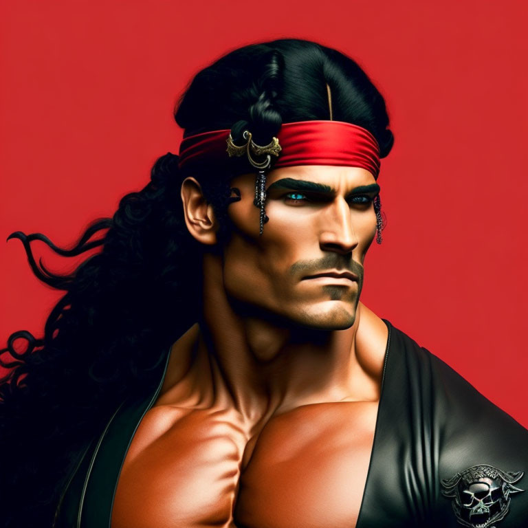 Muscular man with red headband and ponytail in black vest on red background