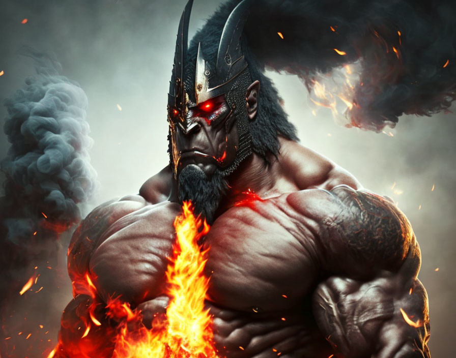 Muscular figure with horned helmet and red eyes in fiery setting