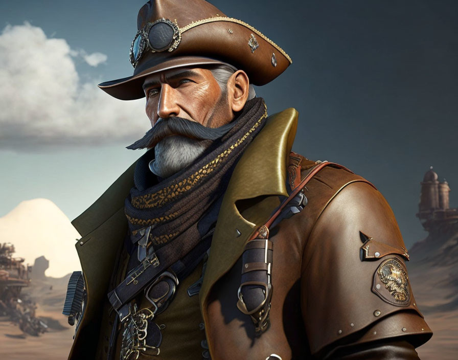 Steampunk-themed digital artwork of a rugged man with mustache in desert setting