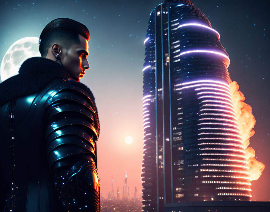 Person with undercut hairstyle admires futuristic city skyline at night