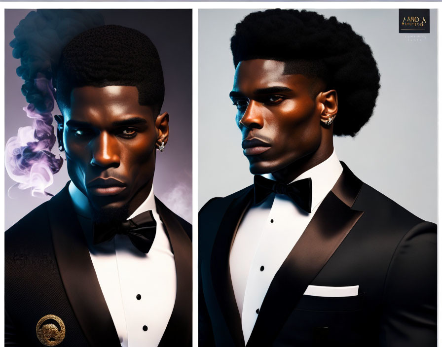 Split-view portrait: man with stylized afro, black tuxedo, bow tie, purple