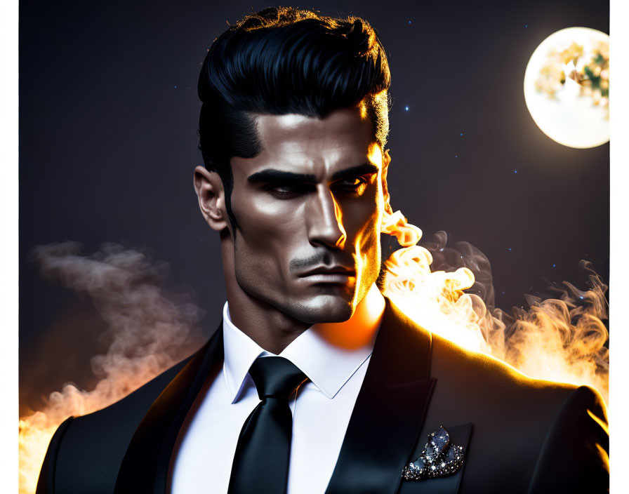 Man in suit with slicked-back hair under moonlight.