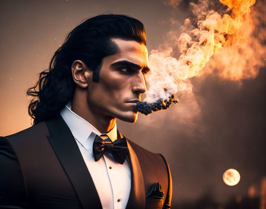 Man in tuxedo smoking pipe with swirling smoke on orange sunset background