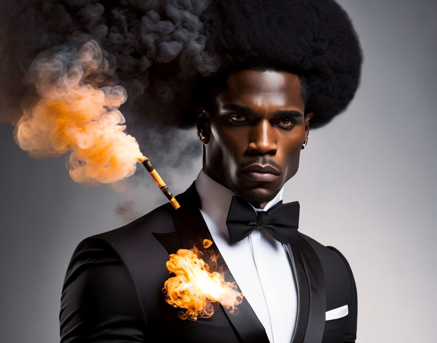 Man in black suit with afro and colorful smoke swirls