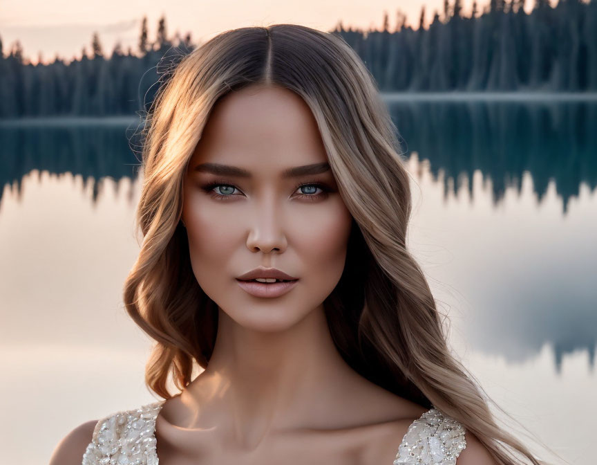 Woman with subtle makeup and wavy hair by calm lake at dusk