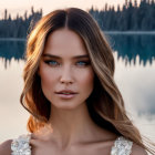 Woman with subtle makeup and wavy hair by calm lake at dusk