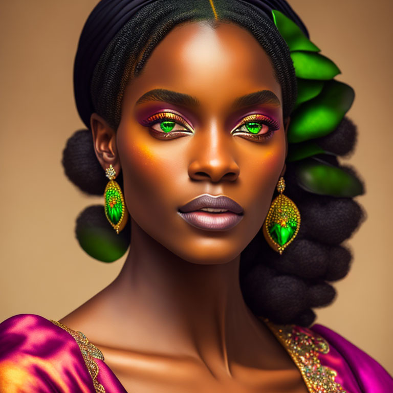 Portrait of Woman with Striking Green Eyeshadow and Purple Outfit