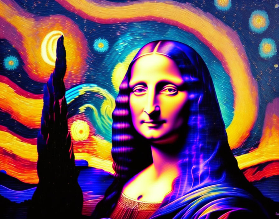 Colorful Psychedelic Mona Lisa with Starry Night Background