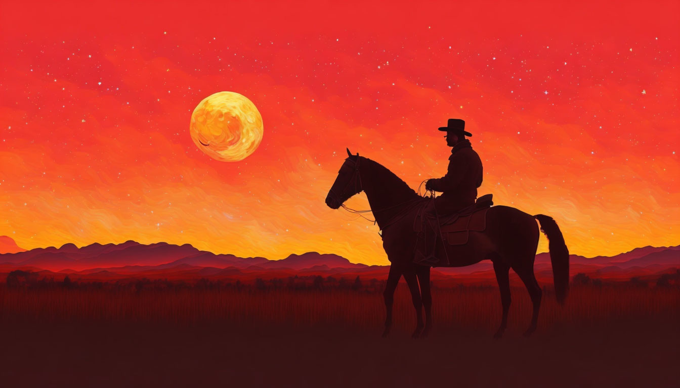 Silhouetted cowboy on horseback under starry sky with oversized moon and sunset.