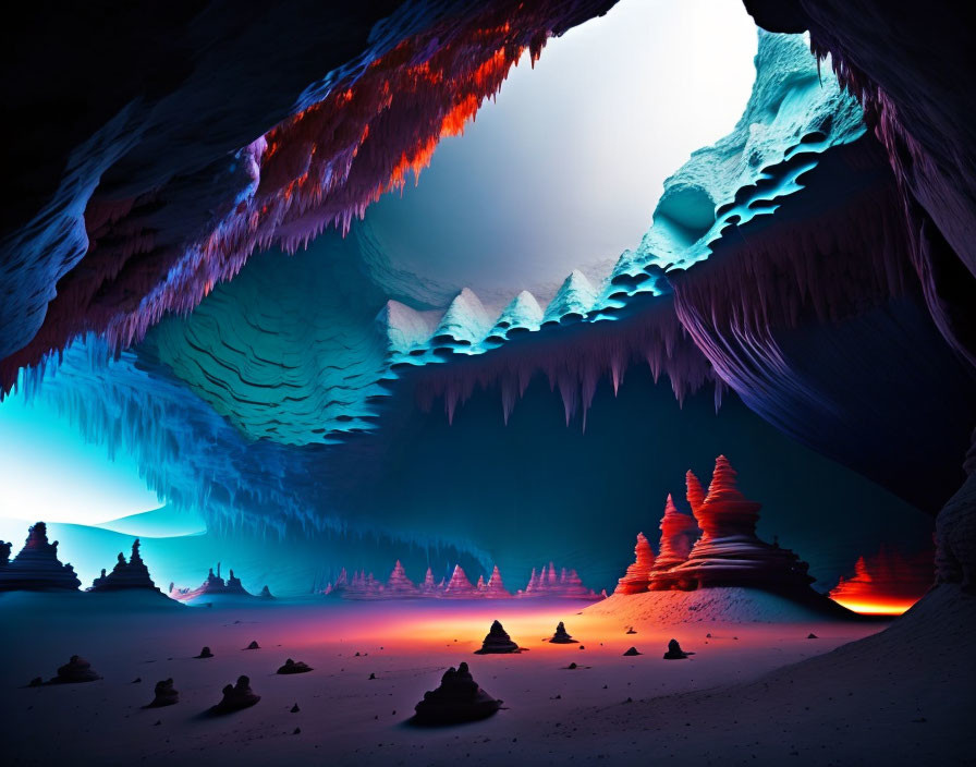 Colorful Cave Landscape with Stalactites and Stalagmites