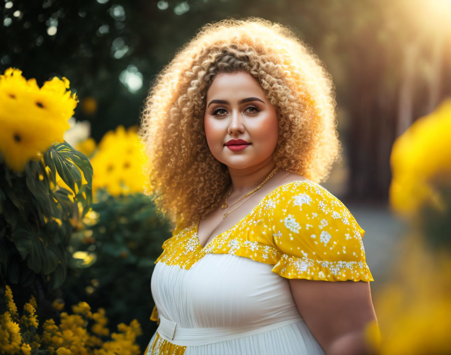 Curly-haired woman in yellow floral dress among flowers and sunlight