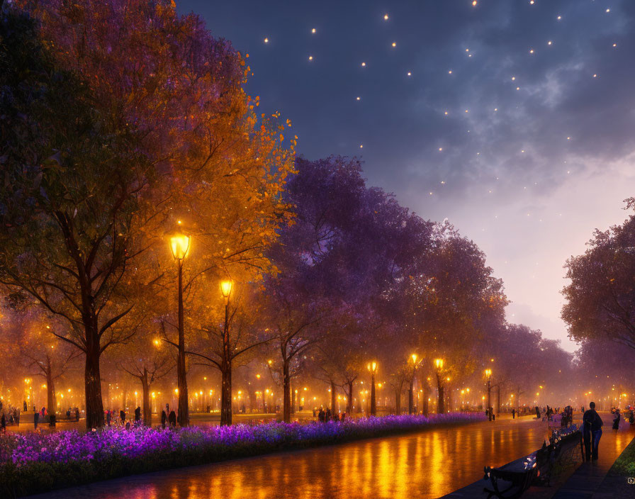 Park evening scene: glowing street lamps, water canal, autumn trees, starry sky.