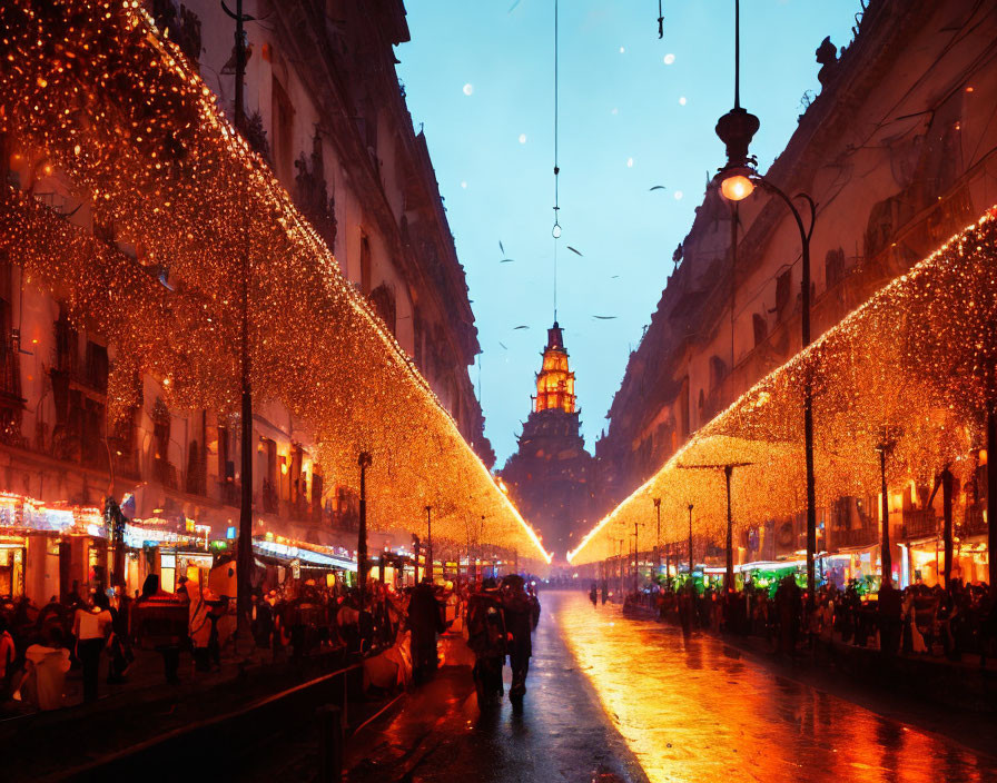 Twinkling lights on busy twilight street with illuminated tower & shops