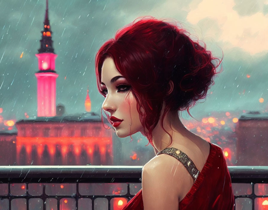 Digital artwork of woman with red hair in cityscape at night with lit tower and rain