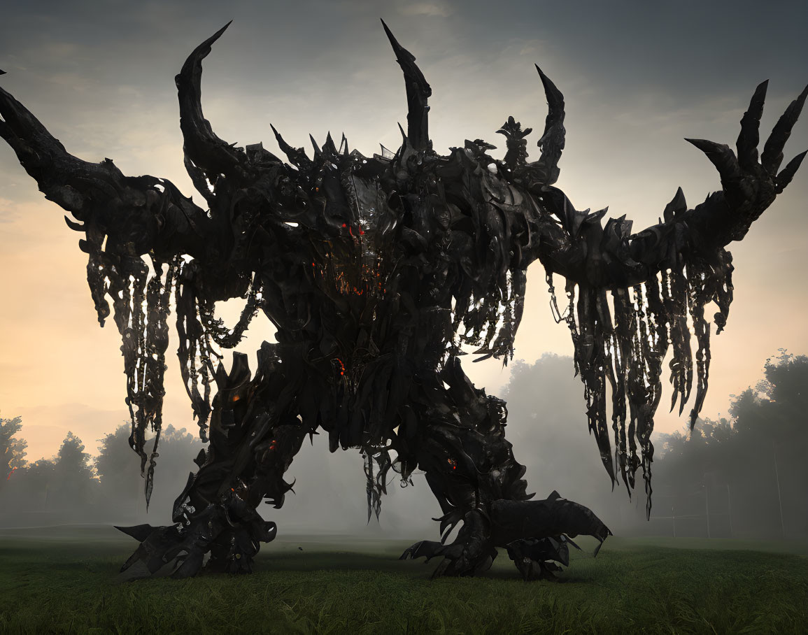 Beastly silhouette with sharp armor and glowing eyes on grassy field at dusk