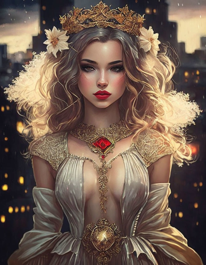 Fantasy queen with blonde hair, golden crown, and red jewel gown