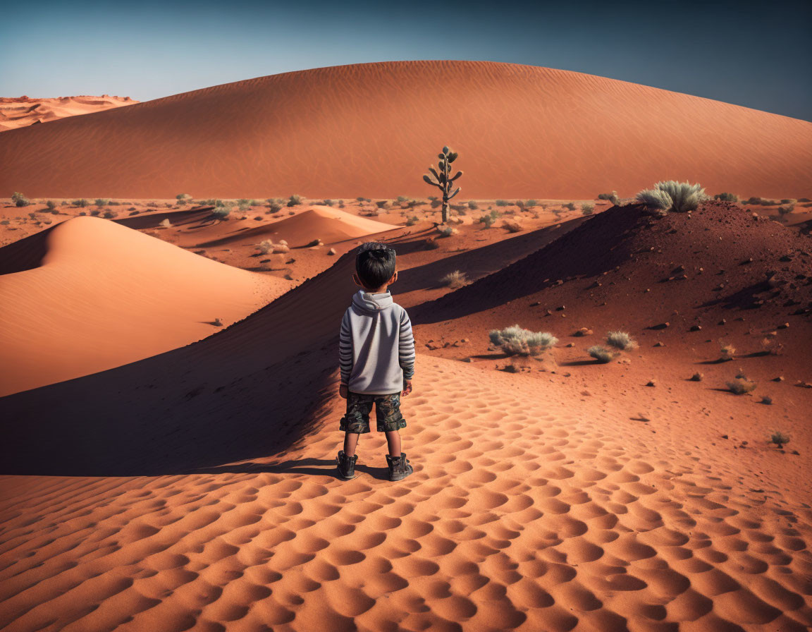 Child in Desert Landscape with Sand Dunes and Tree