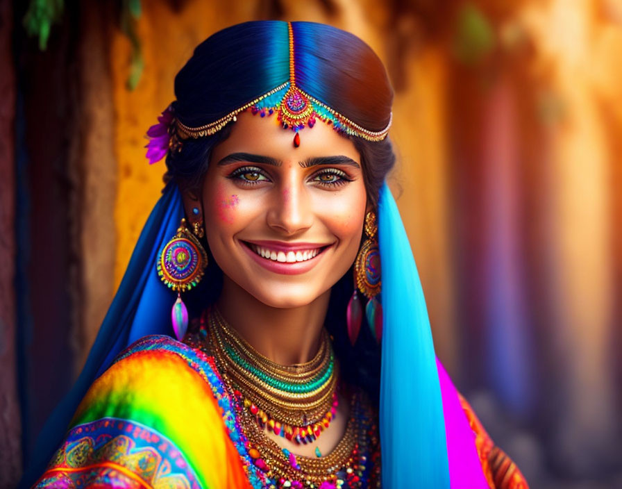 Colorful Traditional Indian Attire on Smiling Woman