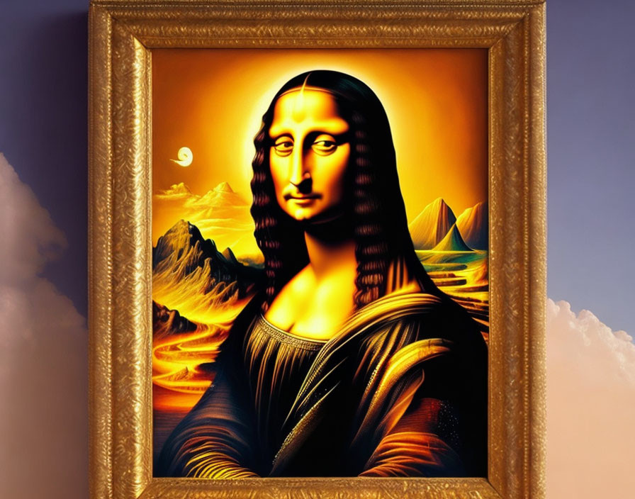 Surreal artwork: Mona Lisa fusion with waves, mountains, crescent moon in ornate frame