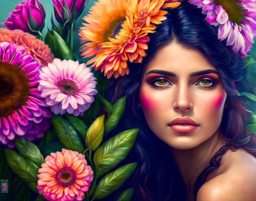 Digital artwork: Woman with green eyes, colorful flowers and foliage, accentuated makeup