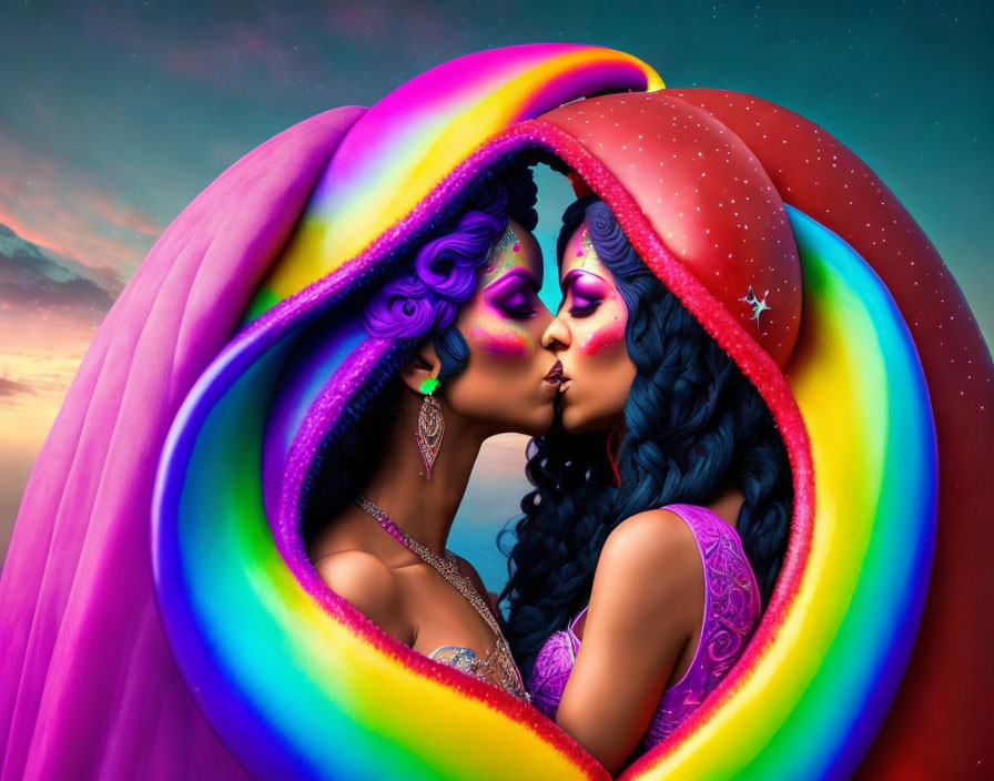 Two women with colorful hair and makeup forming heart shape at sunset